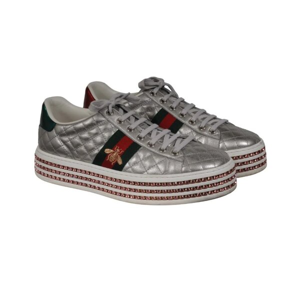 NEW NWT Gucci Ace Crystal Quilted Silver Bee Platform Sneakers Size 40 / US 9 - Picture 1 of 9